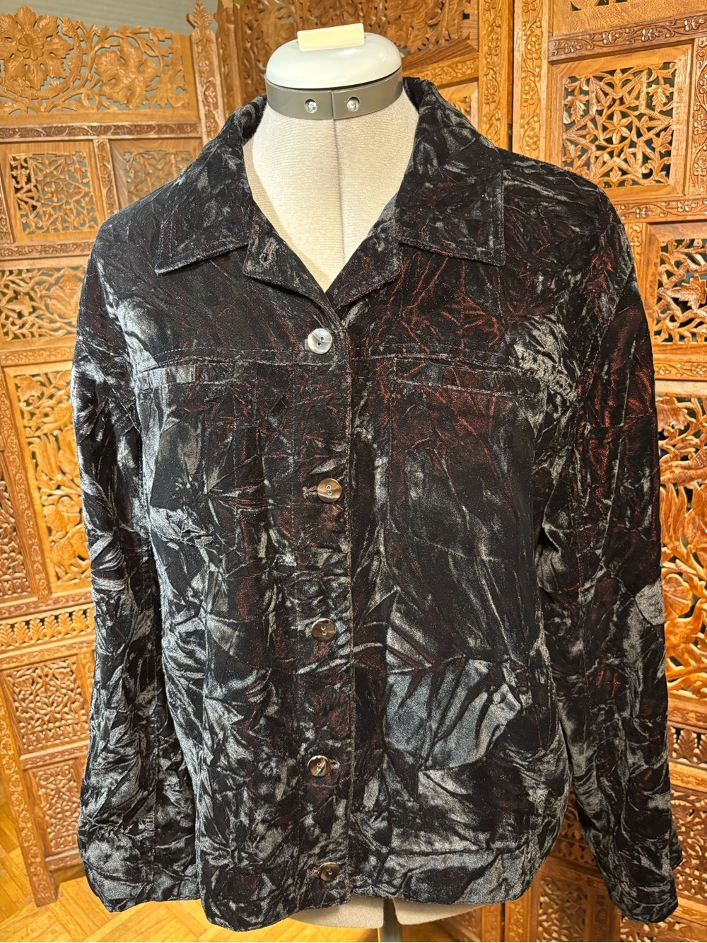 Chico's Black Crushed Velvet Button-Front Jacket